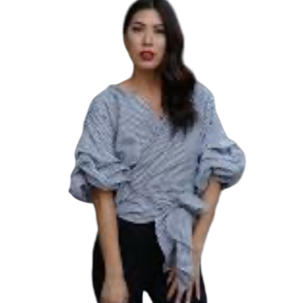 Cleo Apparel Blue and White Striped Puff Sleeve Wrap Blouse Size 2X